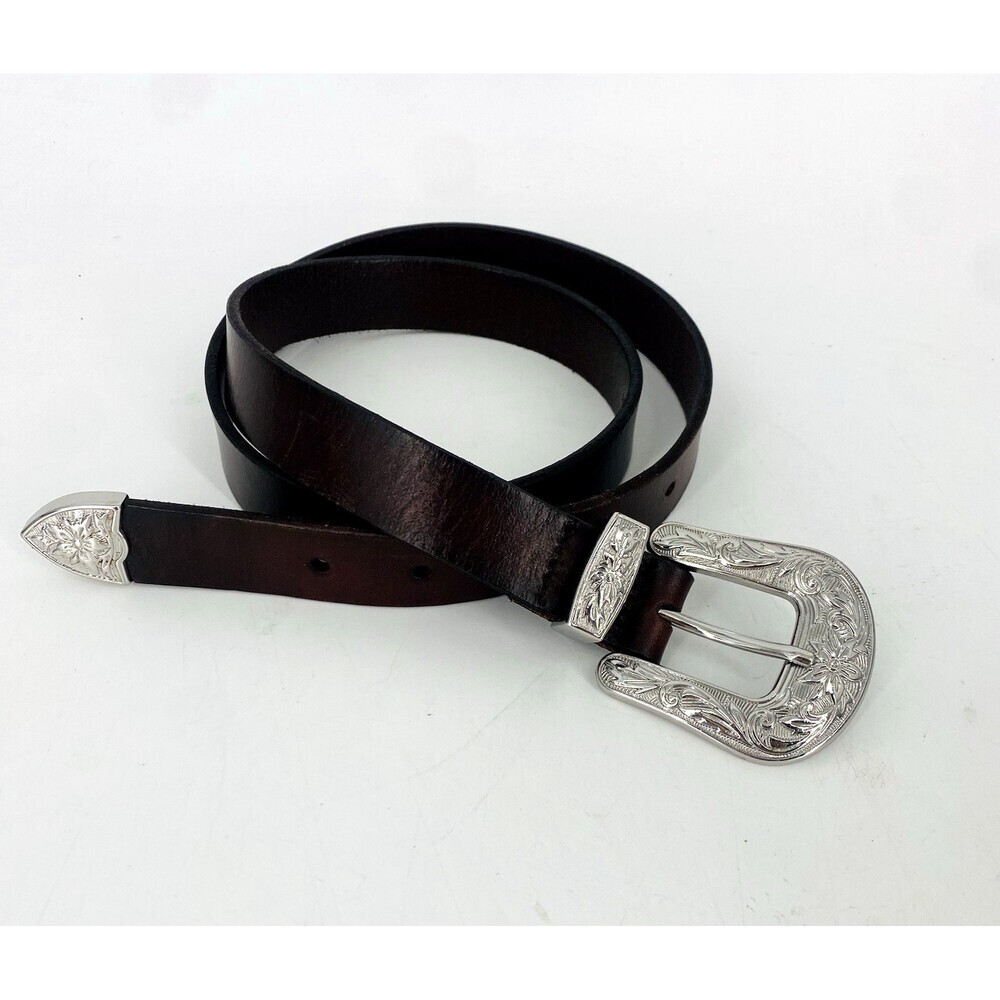 White House Black Market Brown Leather Silver Buckle Western Hip Fit Belt Small